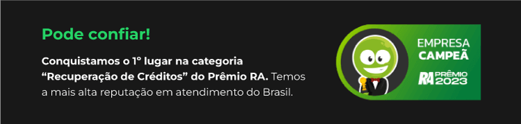 Selo de empresa campe� do Pr�mio RA 2023 na categoria Recupera��o de Cr�ditos, com personagem sorridente segurando trof�u e destaque para a reputa��o no atendimento.