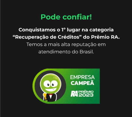 Selo de empresa campe� do Pr�mio RA 2023 na categoria Recupera��o de Cr�ditos, com personagem sorridente segurando trof�u e destaque para a reputa��o no atendimento.