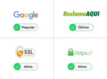 Selos de confian�a: popular no Google, avalia��o '�timo' no Reclame AQUI, seguran�a SSL blindado ativa e conex�o HTTPS segura ativa.